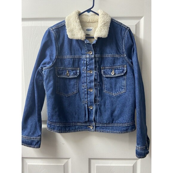Old Navy Jean Jacket Womens Large Blue Denim Sherpa Collar and Lining Rustic - Picture 1 of 9